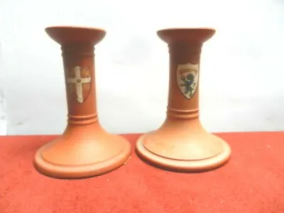 Buy CAMBRIDGE UNIVERSITY Crests  ALLER VALE TORQUAY POTTERY 2 Candle Holders C1890 • 35£