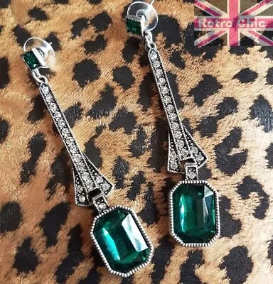 Buy Art Deco Geometric Large Drop Earrings Green Crystal Vintage Style Jewellery UK  • 5.99£
