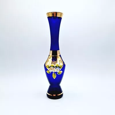 Buy Cobalt Venetian Art Glass Enamelled Bottle Vase Vintage Glassware • 15£