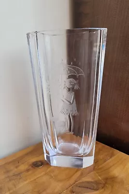 Buy Orrefors Glass Vase  Etched  Girl With Cat Holding An Umbrella & Flowers 7 3/4  • 58£