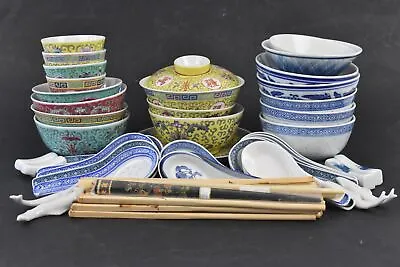 Buy Chinese Style Bowls, Chopsticks & Spoon Large Bundle Ceramic Not Boxed • 19.99£