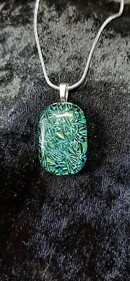 Buy Handmade Fused Dichroic Glass Necklace - Crackle Blue/Green • 7.50£