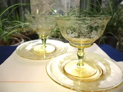 Buy 1930's ROSALIND TIFFIN MANDARIN YELLOW 2 COUPE CHAMPAGNE SAUCER GLASSES • 71.13£