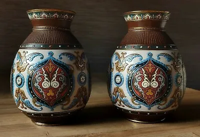 Buy C.1900 Villeroy & Boch German Mettlach Antique Pottery Enamel Vases #1829 - 23cm • 125£