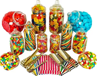 Buy JUMBO Plastic Sweet Jars 12 Jars 100 Bags 2 Scoops 2 Tongs DIY Candy Buffet • 22.99£
