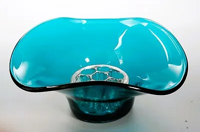 Buy Vintage MCM Sowerby Glass 2634 Blue Posy Bowl & Original Flower Block • 19.99£