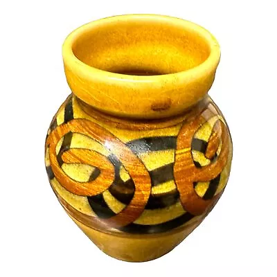 Buy Vintage MCM Brixham Pottery Mustard Yellow Vase. Black Swirls Pattern. • 14£
