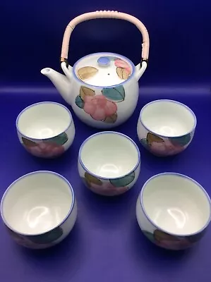 Buy Japanese Tea Set In Wooden Box - 1 X Teapot & 5 X Cups With Floral Decoration • 8£