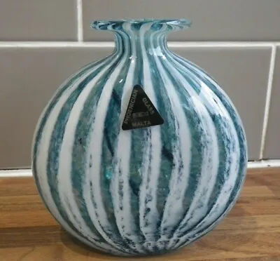 Buy Phoenician Maltese Art Glass Vase. Striped Blue • 24.99£