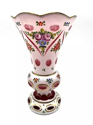 Buy Egermann Moser Bohemian Czech White Cased Glass Cut To Cranberry/pink Vase 8” • 168.09£