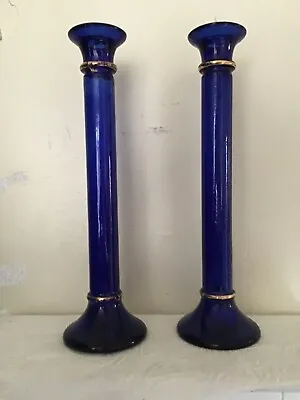 Buy Pair Of Cobalt Blue Glass Candle Stick Holders. Gold Detail 28cm Tall Stunning • 22.99£