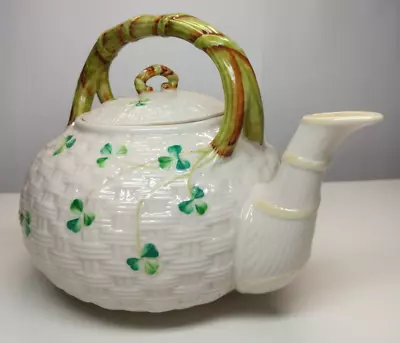 Buy Belleek Ireland Fine Porcelain Shamrock Basketweave Teapot (Used - VGC) • 24.99£