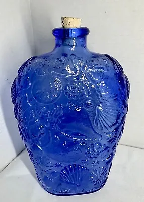 Buy Cobalt Blue Glass Bottle Decanter With Cork Stopper Sea Shell Pattern 8.5” Tall • 12.29£