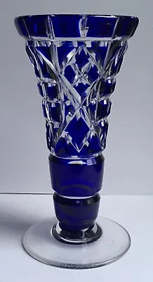 Buy Antique Hand Blown & Cut Cobalt Blue To Clear Glass Bohemian Crystal Posy Vase • 49.99£