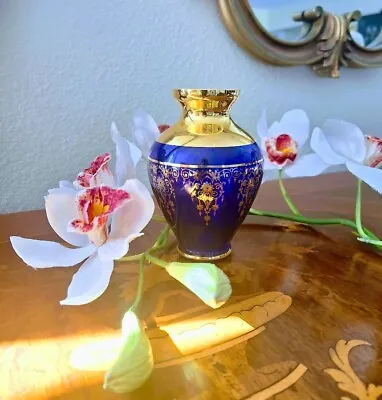 Buy EGERMANN Bohemia Gilded Cobalt Blue Glass Vase Hand Blown 1960's • 38£
