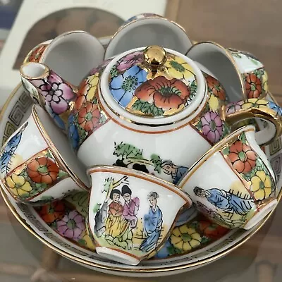 Buy Vintage Chinese Porcelain Miniature 9 Piece Tea Set.  Gold Trimmed. New. • 9.99£
