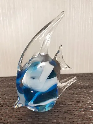 Buy Large Art Glass Blue & White Stripe Angel Fish Paperweight 20cm Tall Chipped • 6£