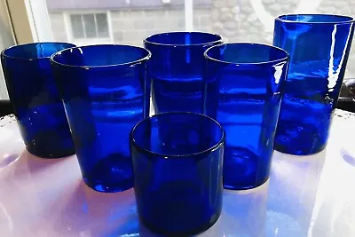 Buy Mexican Cobalt Blue Drinking Glass Recycled Hand Blown Mix Design Set Of 6 • 56.89£