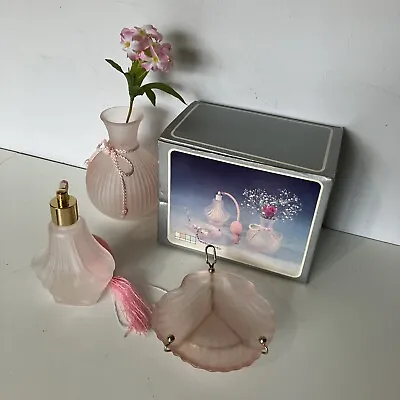 Buy Vintage Pink Glass Vanity Set New In Box Perfume Bottle Vase Dish Retro Kitsch • 12.96£