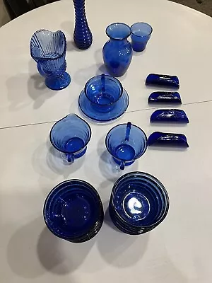 Buy Vintage Cobalt Blue 24pc Glassware Set Hazel Atlas • 85.35£