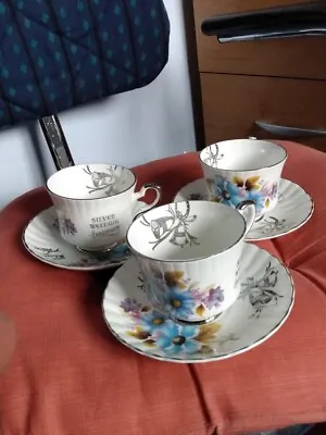 Buy 3 X Royal Stafford Bone China Tea Cups With Saucers, Silver Wedding Anniversary • 4.99£