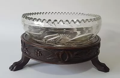Buy Large Art Deco Cut Glass Centrepiece Bowl On Carved Wooden Base With Clawed Feet • 120£