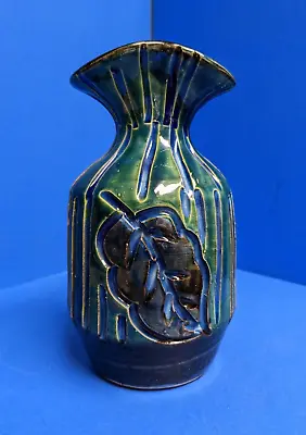 Buy Vintage Mid-Century Bitossi Italian Pottery Vase Blue/Green W/leaves & Grooves • 42.26£