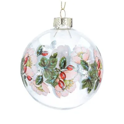 Buy Gisela Graham Christmas - Glass Dec 8cm - Clear Bauble W Painted Christmas Rose • 4.99£