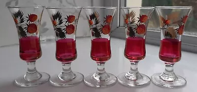 Buy Vintage Liqueur Aperitif Shot Glasses Strawberry Motif Cranberry Tint X 5 • 12.99£