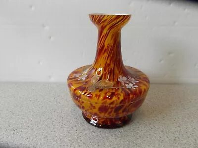 Buy Czech Bohemian Spatter Glass Vase With Gold/White Floral Decor - Vintage • 29.99£