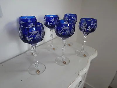 Buy DRESDEN CRYSTAL BLEIKRISTALL 6 X COBALT BLUE CUT TO CLEAR WINE GLASSES GRAPES • 450£