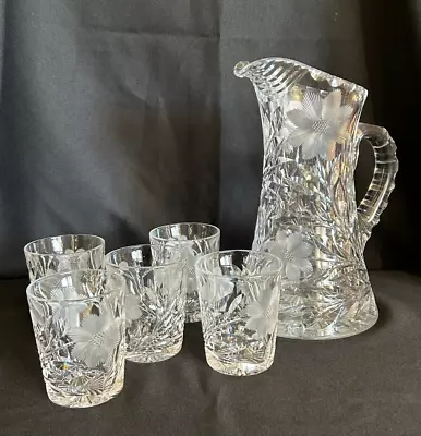 Buy Vintage Cut Glass Pitcher Floral With 5 Matching Tumblers ABP • 114.77£