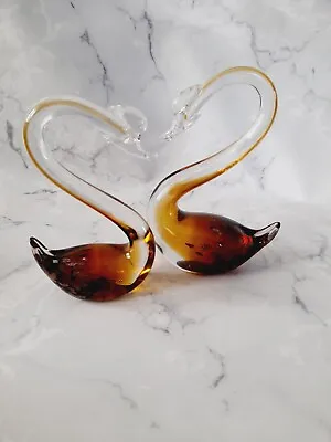 Buy Pair Elegant Glass Swan Heron Brown, Amber, Gold Birds Ornaments Murano Style  • 18.99£