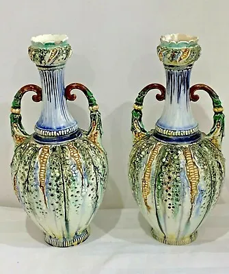 Buy Art Nouveau Austrian Ernst Wahliss Majolica Pair Pierced Amphora Pitchers Vases • 79£