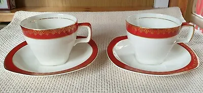 Buy 2 Stylecraft Midwinter Scarlet Red & Gold Art Deco Tea Cups & Saucers • 6.99£