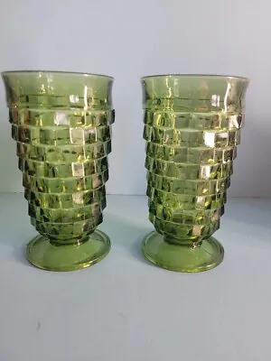 Buy VTG Indiana Glass Whitehall Avocado Green Cubist Tumblers Footed Tea Glasses • 10.92£