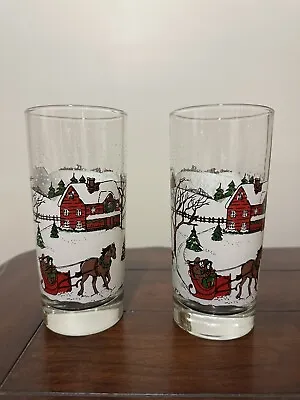 Buy 2 Libbey Winter Village Drinking Beverage Glass Sleigh Ride Christmas 6.3  Tall • 14.41£