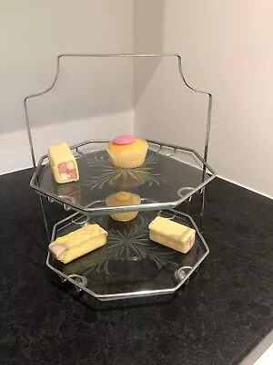 Buy Vintage Art Deco 2 Tier Cake Stand In Chrome/Glass • 24.95£