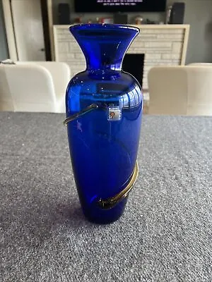 Buy Vintage Richard Blenko Hand Blown Cobalt Blue Vase With Amber Applied Swirl • 66.25£