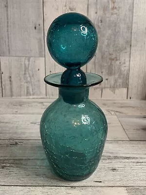 Buy Vtg. Art Glass Crackle Decanter Bottle Vase Teal Green Pontil 8” • 66.14£