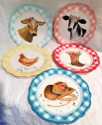 Buy Set Of 5 Pioneer Woman 7  Farm Animal Plates Chicken Cows Boots & Hat Never Used • 33.74£