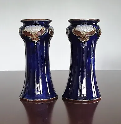 Buy Pair Of Royal Doulton Art Nouveau Stoneware Vases In Royal Blue • 99.50£