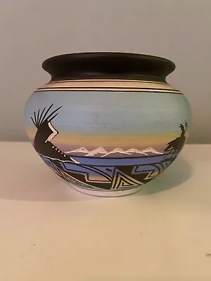 Buy Navajo Native American Pottery Signed Smithy Blue With Horse And Mountains Motif • 47.31£