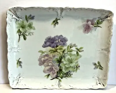 Buy Antique Bavarian China Germany Floral Rectangle Vanity Tray Purple Pink Bouquet • 18.85£