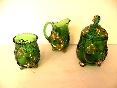 Buy Antique EAPG 4 Pc Croesus Gold Footed Emerald Green Creamer Sugar & Candy Bowl • 63.41£