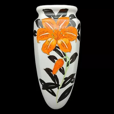Buy Hand Painted Floral Wall Pocket Vase - 8.5  Vtg Orange Lily Flower Black White • 26.72£