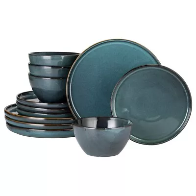 Buy Green 12 Piece Dinner Set Stoneware Reactive Glaze Plates Bowl Set Service For 4 • 64.99£