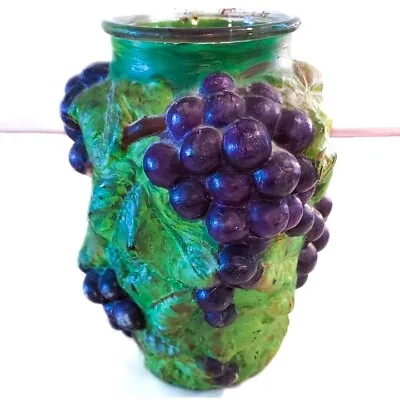 Buy Antique Hand Painted Goofus Glass Embossed Purple Grapes Vase Green Leaves 7  • 18.68£