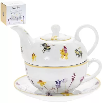 Buy Busy Bees Tea For One Teapot Set Cup And Saucer Watercolour Floral Print Design • 15.99£