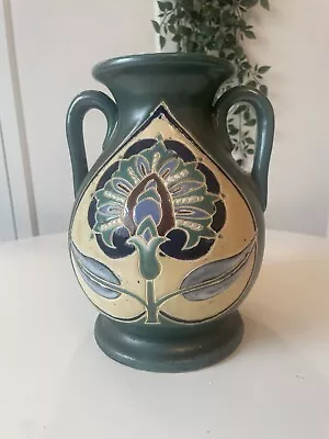 Buy Vintage Art Nouveau Heavy Stoneware Twin Handles Vase Flemish Style Green 10  • 55.73£
